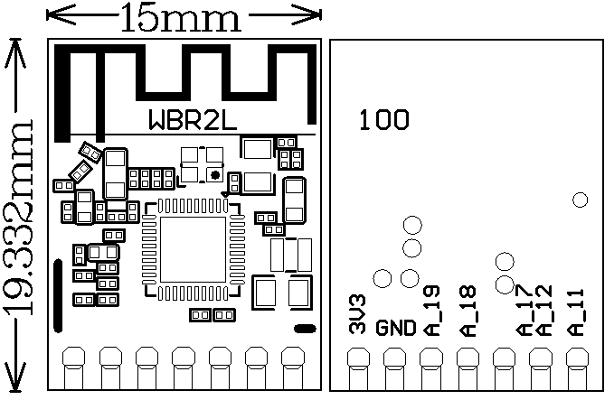0 模组接口 尺寸封装 wbr2l 共有 2 排引脚(2×8),引脚间距为 2mm.